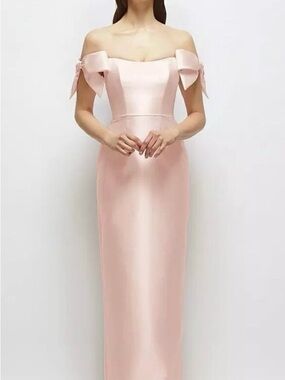 Dressy group ballet pink off the shoulder satin gown with bows D883 size 0